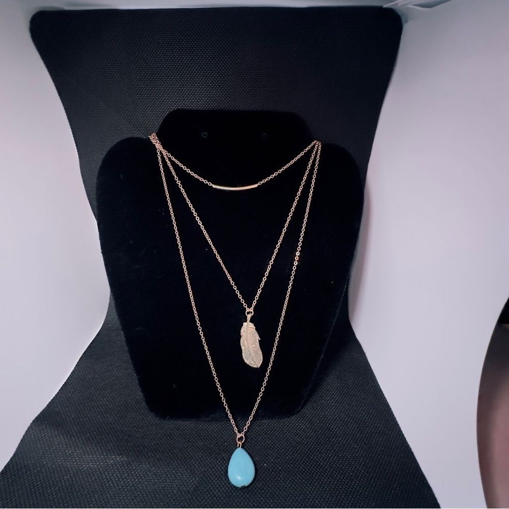 Turquoise style pendant with gold tone feather dual mutli-chain necklace 0239